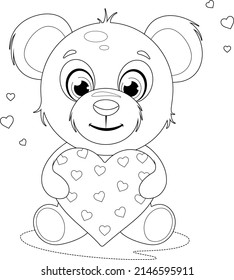 Coloring page. Cute and beautiful teddy bear with hearts