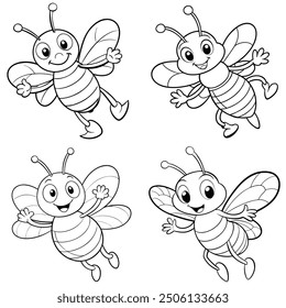 Coloring Page Cute Bee Flying Cartoon Bundle. Kawaii Animal Coloring Pages For Kids