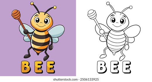 Coloring Page Cute Bee Holding Honey Stick Cartoon With Sample For Kids