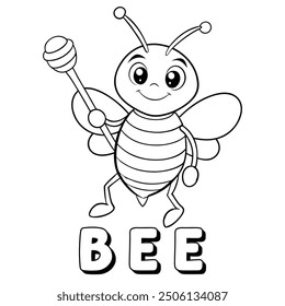 Coloring Page Cute Bee Holding Honey Stick Cartoon. Kawaii Animal Coloring Pages For Kids