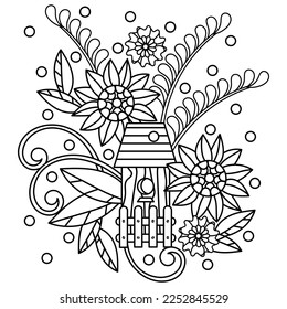 Coloring page. Cute bird house and flowers. Coloring book for adults and children. Doodle vector illustration.