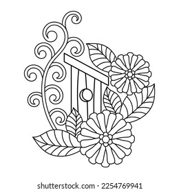 Coloring page. Cute birdhouse and flowers. Coloring book for adults and children. Hand drawn Vector illustration .