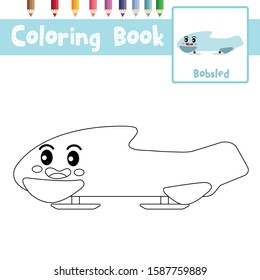 Coloring page of cute Bobsled cartoon character side view transportations for preschool kids activity educational worksheet. Vector Illustration.