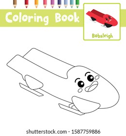 Coloring page of cute Bobsleigh cartoon character perspective view transportations for preschool kids activity educational worksheet. Vector Illustration.