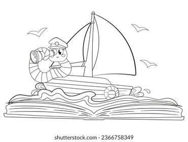 Coloring page with cute bookworm sailing in boat exploring ocean, kawaii black and white cartoon insects and reading books themed educational worksheet for print, game for preschoolers