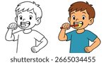 Coloring page cute boy brushing his teeth cartoon. Clean white tooth. Healthy teeth. Vector illustration