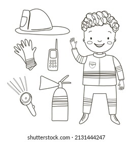 Coloring page with cute boy firefighter and fire extinguisher. Outline vector illustration. Black and white illustration for a coloring  book.