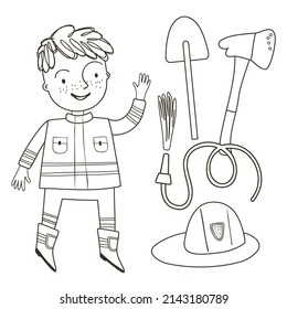 Coloring page with cute boy firefighter. Outline vector illustration. Black and white illustration for a coloring  book.