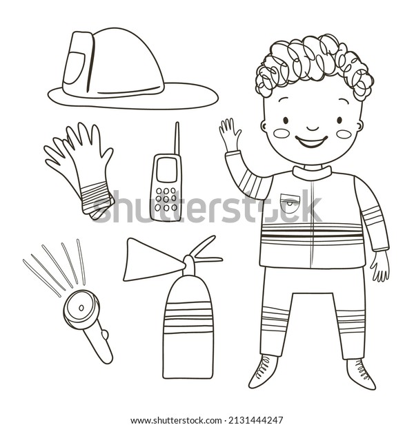 Coloring page with cute boy firefighter and fire\
extinguisher. Outline vector illustration. Black and white\
illustration for a coloring \
book.