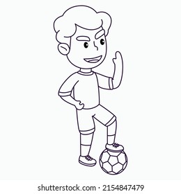 Coloring page cute boy playing soccer, happy boy kicking the ball, cartoon vector illustration