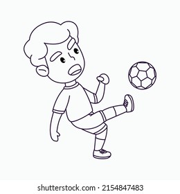 Página de Colores niño lindo jugando al fútbol, niño feliz pateando la pelota, ilustración del vector de dibujos animados