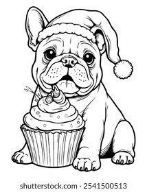 Coloring page a cute Bulldog tangled in Christmas cupcake on a white background