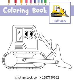 Coloring page of cute Bulldozer cartoon character side view transportations for preschool kids activity educational worksheet. Vector Illustration.