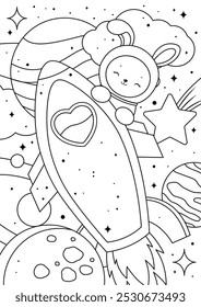 Coloring page of a cute bunny astronaut with rocket and stars