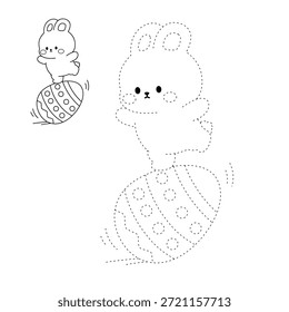 Coloring Page of a Cute Bunny Balancing on a Rolling Decorated Easter Egg. Trace and color Easter Bunny with Easter Eggs. Cute Bunny Coloring Page for Easter Worksheet Activity Printable Vector.