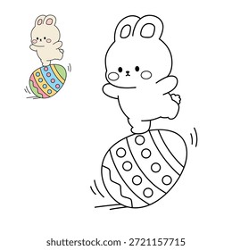 Página para colorear de un conejo lindo que equilibra en un huevo de Pascua decorado rodante. Trazo y color Conejo de Pascua con Huevos de Pascua. Linda página para colorear conejito para la actividad de la hoja de trabajo de Pascua Vector imprimible.