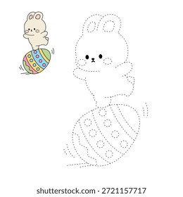 Página para colorear de un conejo lindo que equilibra en un huevo de Pascua decorado rodante. Trazo y color Conejo de Pascua con Huevos de Pascua. Linda página para colorear conejito para la actividad de la hoja de trabajo de Pascua Vector imprimible.
