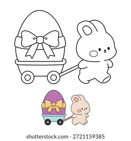 Dibujo para colorear de un lindo conejito tirando de un pequeño carro lleno de huevo de Pascua. Trazo y color Conejo de Pascua con Huevos de Pascua. Lindo conejo y pollito para colorear página para la actividad de la hoja de cálculo de Pascua Vector imprimible.