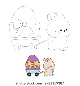 Dibujo para colorear de un lindo conejito tirando de un pequeño carro lleno de huevo de Pascua. Trazo y color Conejo de Pascua con Huevos de Pascua. Lindo conejo y pollito para colorear página para la actividad de la hoja de cálculo de Pascua Vector imprimible.
