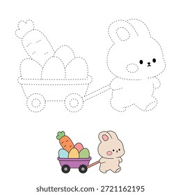 Coloring Page of a Cute Bunny Pulling a Little Wagon Filled with Easter Eggs and a Carrot. Trace and color Easter Bunny with Easter Eggs. Cute Bunny and Chick Coloring Page for Easter Worksheet Activity Printable.