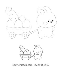 Dibujo para colorear de un lindo conejito tirando de un pequeño carro lleno de huevos de Pascua y una zanahoria. Trazo y color Conejo de Pascua con Huevos de Pascua. Lindo conejo y pollito para colorear página para la actividad de la hoja de cálculo de Pascua imprimible.