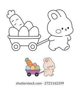 Dibujo para colorear de un lindo conejito tirando de un pequeño carro lleno de huevos de Pascua y una zanahoria. Trazo y color Conejo de Pascua con Huevos de Pascua. Lindo conejo y pollito para colorear página para la actividad de la hoja de cálculo de Pascua imprimible.