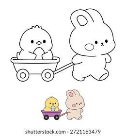 Coloring Page of a Cute Bunny Pulling a Little Wagon Filled with Cute Chick Holding an Easter Egg. Trace and color Easter Bunny and Chick. Cute Bunny and Chick Coloring Page for Easter Activity Printable Vector.