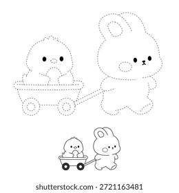 Coloring Page of a Cute Bunny Pulling a Little Wagon Filled with Cute Chick Holding an Easter Egg. Trace and color Easter Bunny and Chick. Cute Bunny and Chick Coloring Page for Easter Activity Printable Vector.