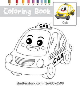 La página de color del personaje de caricatura Cab adorable mira el transporte para los niños preescolares actividad la hoja de cálculo educativa. Ilustración vectorial.