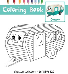Coloring page of cute Camper cartoon character perspective view transportations for preschool kids activity educational worksheet. Vector Illustration.