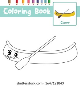 Coloring page of cute Canoe cartoon character side view transportations for preschool kids activity educational worksheet. Vector Illustration.