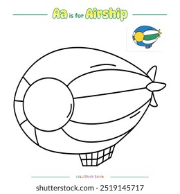 Página de colorir com desenho animado bonito. Colorir página Airship. Jogo educacional para crianças. atividades divertidas para crianças para jogar e aprender