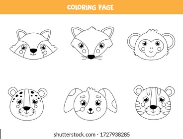 Coloring page with cute cartoon animal faces. Funny worksheet for kids. Black and white vector illustration.
