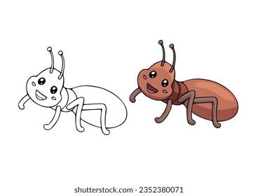 Coloring page with cute cartoon ant. Kids drawing page with insect. Children's educational art game. Activity page and worksheet.