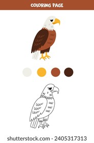 Coloring page with cute cartoon bald eagle. Worksheet for children.