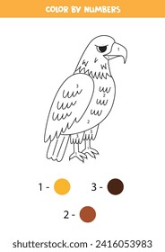 Coloring page with cute cartoon bald eagle. Color by numbers. Math game for kids.