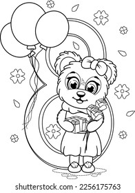 Colorido de la página. Un lindo oso de dibujos animados con flores, regalos, globos y el número 8
