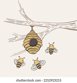 Página de colorear con una linda caricatura de abejas con miel y una colmena en un árbol, página de colorear. Cartel de dibujo para niños. El enigma de las imágenes divertidas para los niños. Libro de colorear para niños. Ilustración vectorial.