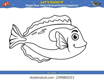 Coloring page with cute cartoon. Coloring page blue regal tang fish. Educational game for children. fun activities for kids to play and learn.