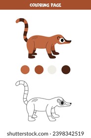  Coloring page with cute cartoon brown coati. Worksheet for children.