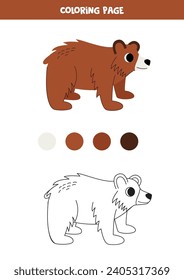 Coloring page with cute cartoon brown bear. Worksheet for children.