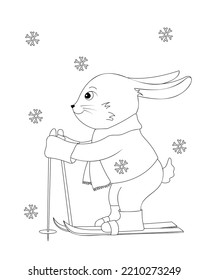 Coloring page of a cute cartoon bunny skiing. Colouring book for kids. Vector outline illustration