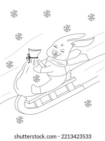 Coloring page of a cute cartoon bunny sledging. Coloring book for kids. Vector outline illustration
