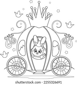 Farbseite. Cute-Cartoon-Hunny-Prinzessin in einer Märchenwagen