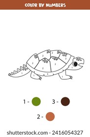 Coloring page with cute cartoon caiman turtle. Color by numbers. Math game for kids.