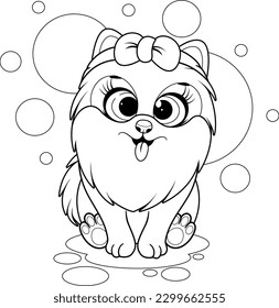 Coloring page. Cute cartoon dog, pomeranian spitz with bow-knot