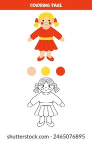 Coloring page with cute cartoon doll in red dress. Worksheet for children.