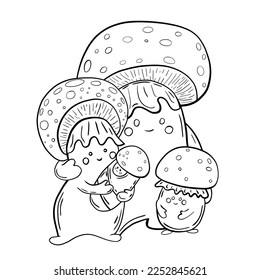 Coloring page with a cute cartoon family of mushrooms Drawing poster for children. Children funny picture riddle. Coloring book for kids. Vector illustration.