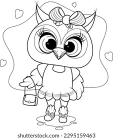 Coloring page. Cute cartoon fashionable owl with bag and bow