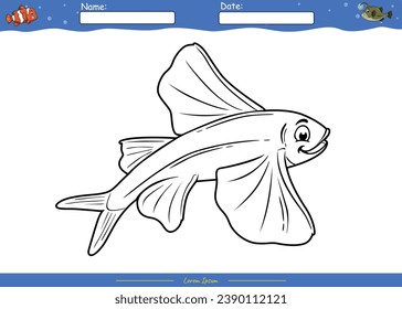 Coloring page with cute cartoon. Coloring page flying fish. Educational game for children. fun activities for kids to play and learn.